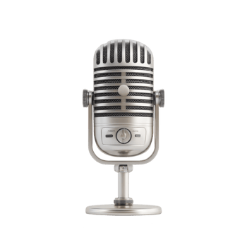 Vintage style silver microphone with classic design, featuring round base and adjustable stand, evokes sense of nostalgia and elegance, perfect for broadcasting or podcasting png