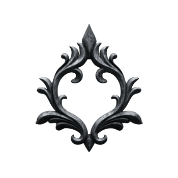 Ornate, symmetrical black wrought iron design with intricate scrollwork and pointed top, resembling decorative element for gates or fences png