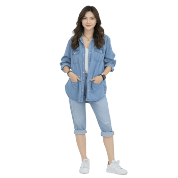 Woman in casual denim outfit stands confidently, wearing denim shirt and jeans with white sneakers. Her relaxed pose and friendly smile convey sense of ease and style png