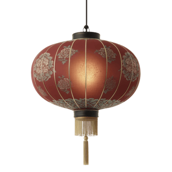 Traditional red Chinese lantern with intricate floral patterns and golden tassels, glowing warmly. lantern is suspended by black cord, creating festive and cultural ambiance png