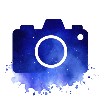 Blue watercolor camera silhouette with starry night sky effect creates dreamy artistic design. splattered paint adds creative touch, blending photography and art png