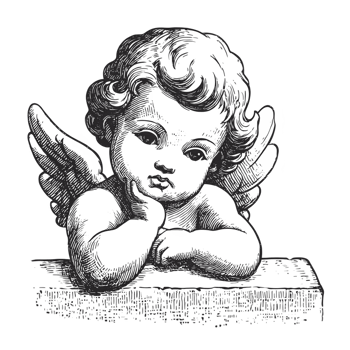 Vintage illustration of cherub with wings resting on surface, exuding serene and contemplative expression. detailed line work adds classic and timeless feel to image png