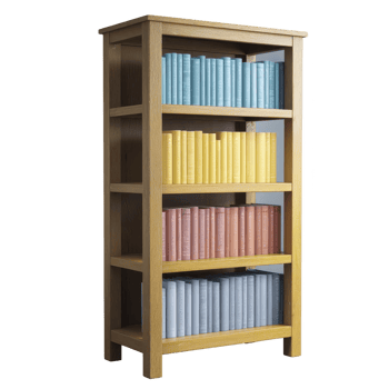 Wooden bookshelf filled with colorful books arranged by color, creating visually appealing gradient effect. bookshelf has four shelves, each displaying books different hues, adding vibrant touch png