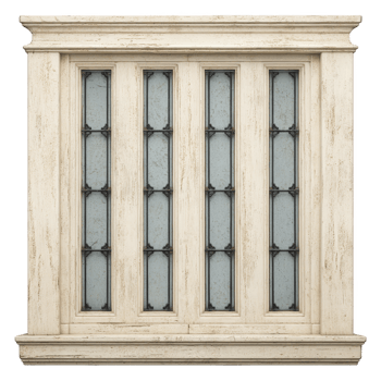 Vintage wooden window frame with three vertical glass panels featuring decorative metal bars, showcasing antique and rustic design. frame has distressed, weathered finish png
