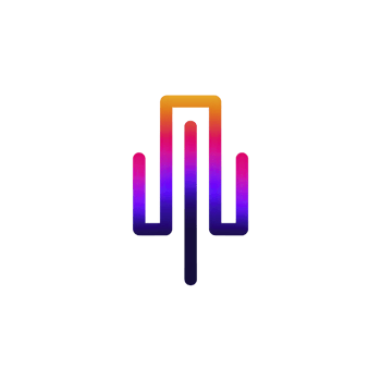 Colorful, abstract logo design features gradient of orange, pink, and purple hues, forming symmetrical, vertical shape resembling stylized tree or circuit. vibrant colors create modern and dynamic png