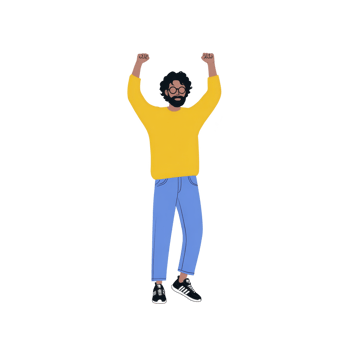 Person with curly hair and glasses wearing yellow sweater and blue jeans is raising their arms in celebration. individual is standing confidently, expressing joy and success png
