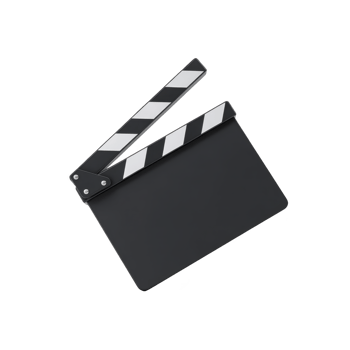 Black and white film clapperboard is shown, typically used in movie production to mark scenes and takes. clapperboard has hinged arm that creates clapping sound when closed png