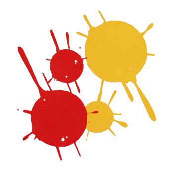 Colorful paint splatters in red and yellow create abstract and vibrant design on textured surface. splashes vary in size, adding dynamic energy to composition png