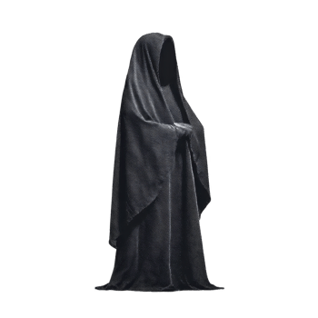 Mysterious figure stands shrouded in dark, flowing cloak, exuding aura of enigma and intrigue. hooded robe conceals face, adding to air of mystery png