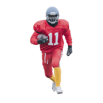 Football player in red uniform and helmet runs with ball, showing determination and focus. player wears yellow pants and white cleats, emphasizing athleticism and speed png