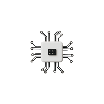 White microchip with black circuit lines extending outward, resembling spider, is centered on plain background. design is minimalistic and futuristic, symbolizing technology and connectivity png