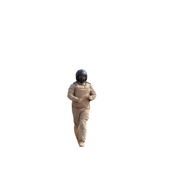 Person wearing protective gear and helmet is walking forward, possibly in safety or industrial setting. attire suggests focus on safety and protection png