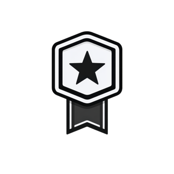 Black and white star badge icon with hexagonal shape and ribbon design, symbolizing achievement or recognition. minimalist style and monochrome palette give it modern look png