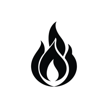 Black flame icon with simple, minimalist design, symbolizing fire or heat. flame is stylized with smooth curves and symmetrical shape, often used graphics or logos for its bold and striking png
