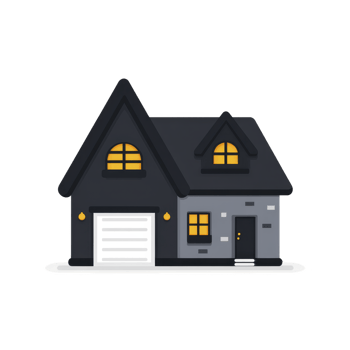 Cozy, dark themed house illustration with glowing windows and garage, evoking warmth and comfort png