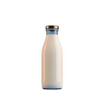 Glass bottle filled with fresh milk is displayed against plain background, showcasing its simplicity and purity. bottle is sealed with metal cap, emphasizing freshness png