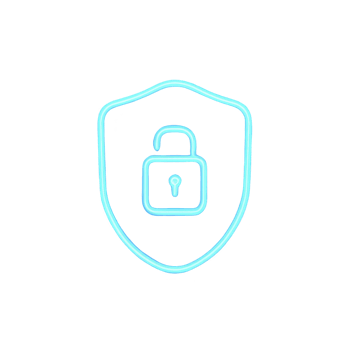 Glowing blue neon shield with open padlock symbolizes security and protection. design is simple and modern, conveying sense of safety and accessibility png