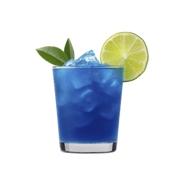 Refreshing blue cocktail in glass with ice cubes, garnished with lime slice and green leaves, evokes tropical vibe png
