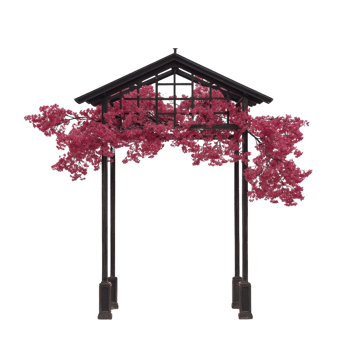 Decorative garden archway adorned with vibrant pink flowers creates charming and romantic atmosphere, perfect for outdoor events or garden decor. structure is elegant and inviting png
