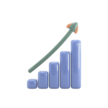 3D bar graph with blue bars and upward green arrow represents growth and success in business or finance. bars increase in height from left to right, symbolizing positive progress png
