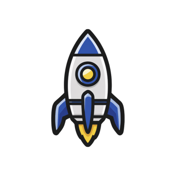 Cartoon rocket with blue and white colors and yellow flame is depicted, symbolizing exploration and innovation. design is simple and playful, evoking sense of adventure png