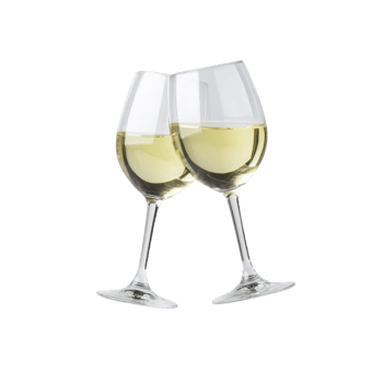 Two glasses of white wine clinking together in celebratory toast, symbolizing joy and celebration. clear glasses highlight light golden hue of wine, creating elegant and festive atmosphere png