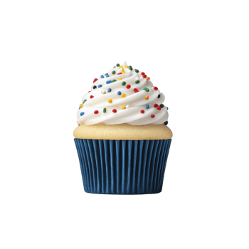 Delicious vanilla cupcake with creamy white frosting and colorful sprinkles sits in blue wrapper, creating festive and inviting treat png