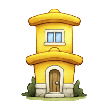 Whimsical yellow cartoon house with rounded roof and single window, surrounded by greenery, evokes playful and cheerful atmosphere png