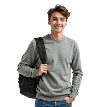 A young man in a grey sweatshirt and jeans png