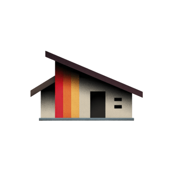 Modern, minimalist house illustration features slanted roof and vibrant vertical stripes in red, orange, and yellow on facade, conveying contemporary and artistic design png