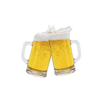 Two frothy beer mugs clinking together, creating splash, symbolize celebration and camaraderie. golden liquid and bubbles enhance festive mood, perfect for social gatherings png