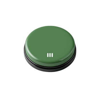 Round green button with glossy finish and three white vertical lines in center, isolated on transparency background. button appears to be simple, modern design, possibly for device or interface png
