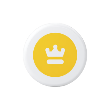 Round white button features yellow circle with white crown symbol in center, conveying sense of royalty and elegance. minimalist design is eye catching and modern png