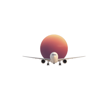 Large airplane flies directly towards viewer with vibrant sunset in background, creating dramatic and serene scene. sky is painted in shades of orange and pink png