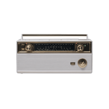 Vintage radio with classic design features rectangular shape, two large dials, and frequency display. radio retro aesthetic evokes nostalgia and charm png