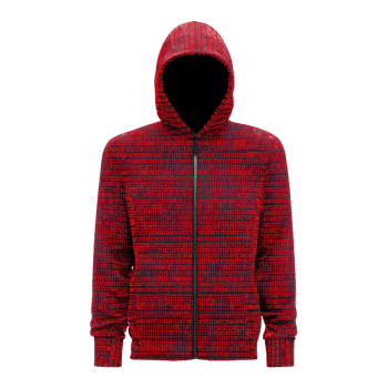 Red hooded jacket with binary code pattern creates tech inspired look. hoodie features zip up front and long sleeves, blending fashion with digital elements png