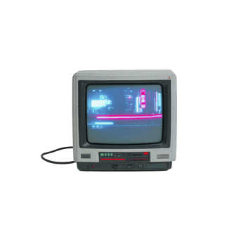 Vintage CRT television displays blurred, neon lit cityscape, evoking retro futuristic vibe. screen glow contrasts with TV aged exterior, creating nostalgic atmosphere png
