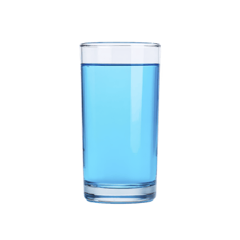 Clear glass filled with blue liquid stands against plain background, showcasing its transparent and reflective properties. vibrant color contrasts with simplicity of glass png