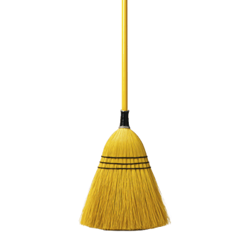 Yellow broom with long handle and bristles is designed for efficient cleaning. bright color adds cheerful touch to household chores, making it both functional and visually appealing png
