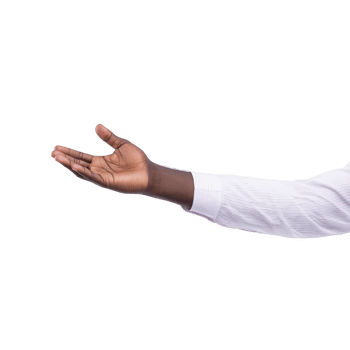 Hand extended in gesture of offering or receiving, wearing white shirt against plain background. image conveys sense of openness and invitation png