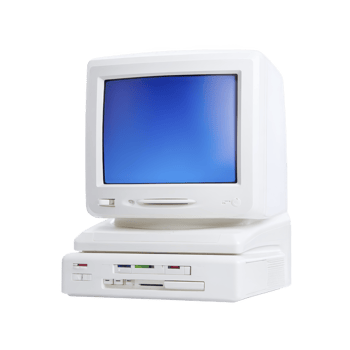 Vintage white computer with blue screen, featuring classic design and floppy disk drive, evokes nostalgia. This retro technology piece is iconic of early personal computing png