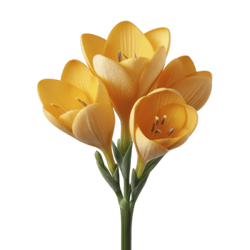 Bright yellow crocus flowers with delicate petals and green stems create vibrant and cheerful display. close up view highlights their natural beauty and intricate details png