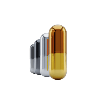 Three glossy capsules in metallic and amber colors are aligned in row, showcasing modern and sleek design. reflective surfaces create futuristic and innovative appearance png
