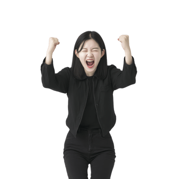 Woman in black outfit is expressing excitement with her fists raised and mouth open, conveying sense of triumph and joy. background is transparent, highlighting her enthusiastic pose png
