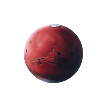 Digitally rendered image of red planet, resembling Mars, with visible surface details and polar ice caps. planet is isolated against transparency background, highlighting its spherical shape png