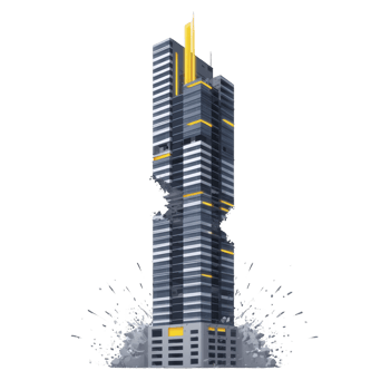 Modern skyscraper with unique design features mix of blue and yellow accents, standing tall amidst dynamic splash effect, conveying energy and innovation png