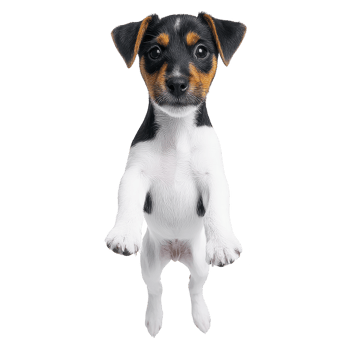 Playful Jack Russell Terrier puppy stands on its hind legs, looking curiously forward. small dog has black, white, and brown coat, with expressive eyes and perky ears png