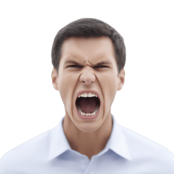Man in white shirt is expressing intense anger, with his mouth wide open as if shouting. background is plain, emphasizing his emotional expression png