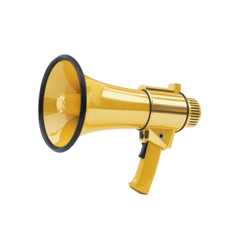 Shiny yellow megaphone with black rim and handle is depicted against transparency background, showcasing its sleek and modern design png