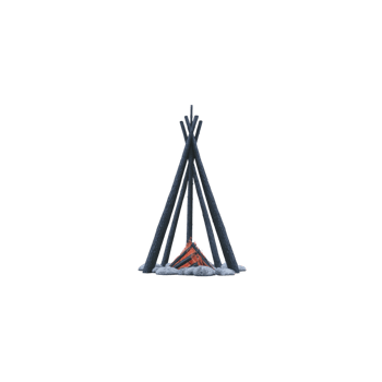 Small campfire with teepee structure made of logs and surrounded by stones, ready for lighting. setup is ideal for outdoor camping or survival situations png
